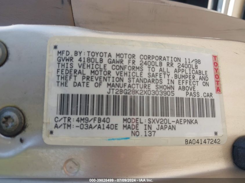 1999 Toyota Camry Le VIN: JT2BG28K2X0303905 Lot: 39828499