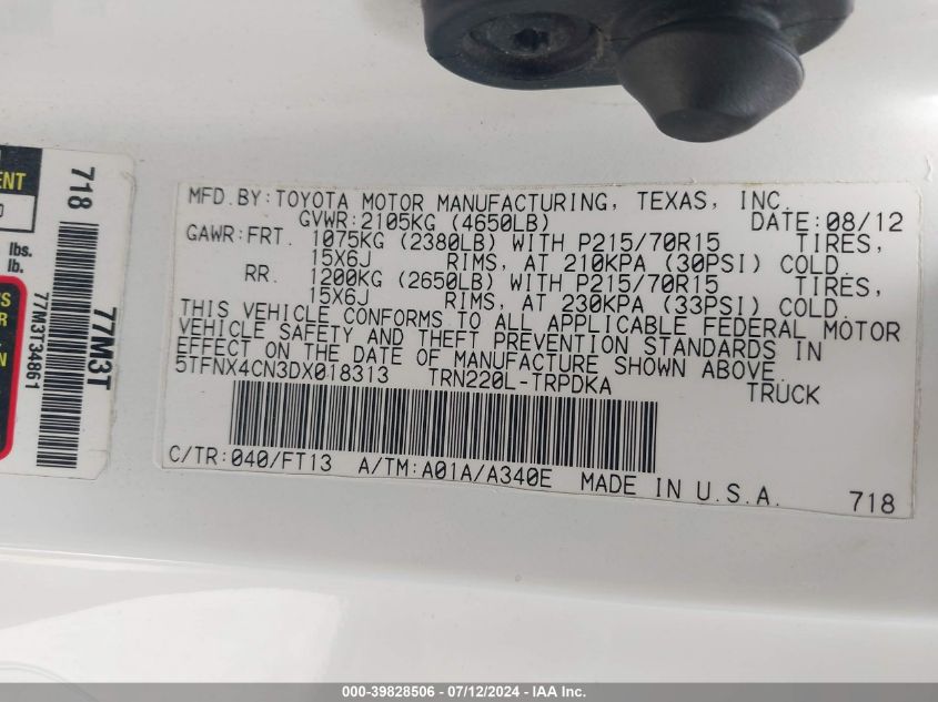 2013 Toyota Tacoma VIN: 5TFNX4CN3DX018313 Lot: 39828506