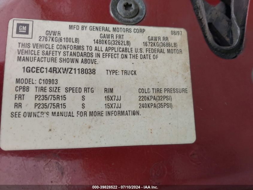 1998 Chevrolet Gmt-400 C1500 VIN: 1GCEC14RXWZ118038 Lot: 39828522