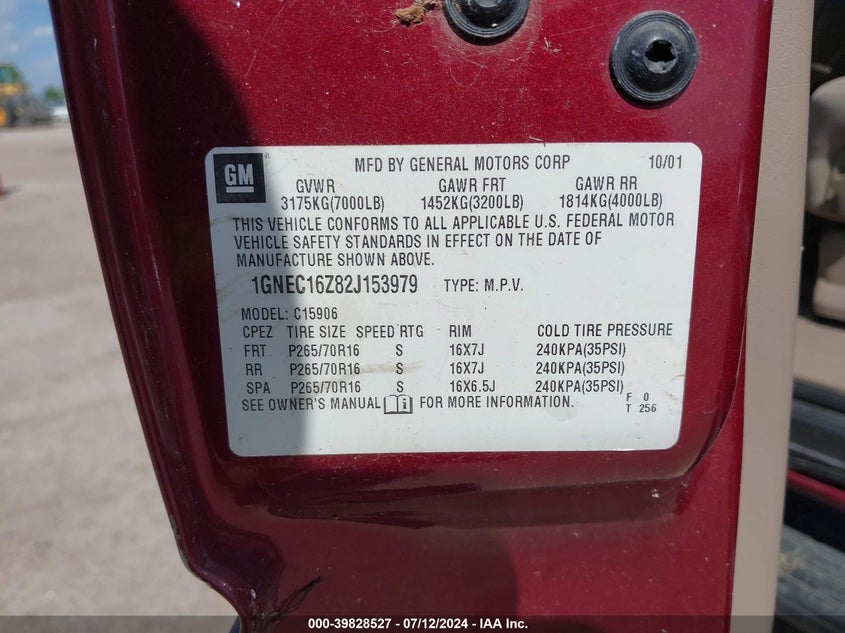 2002 Chevrolet Suburban 1500 Ls VIN: 1GNEC16Z82J153979 Lot: 39828527