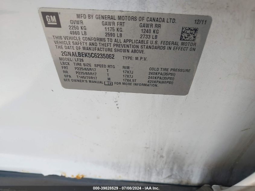 2012 Chevrolet Equinox Ls VIN: 2GNALBEK5C6235062 Lot: 39828529