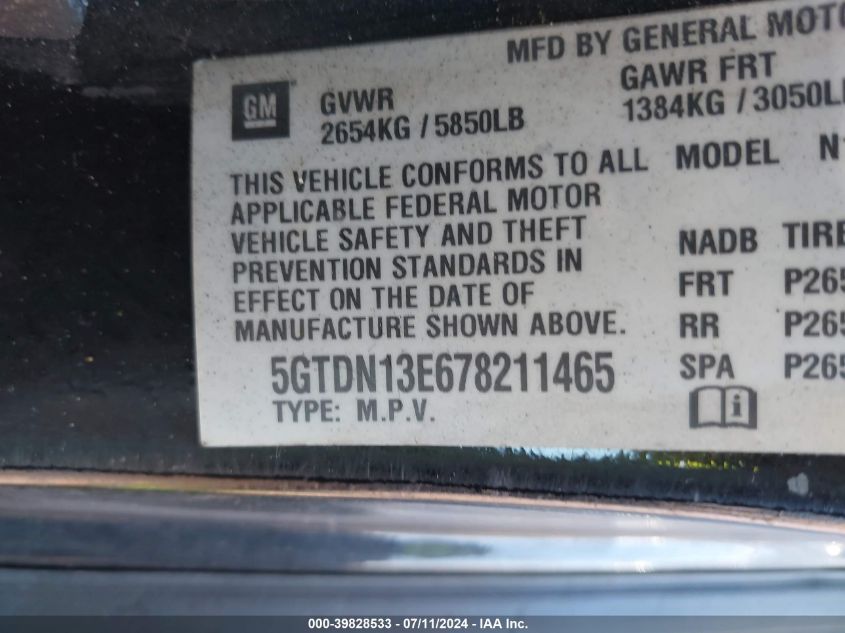 2007 Hummer H3 Suv VIN: 5GTDN13E678211465 Lot: 39828533