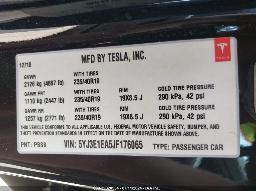 2018 Tesla Model 3 Long Range/Mid Range VIN: 5YJ3E1EA5JF176065 Lot: 39828534