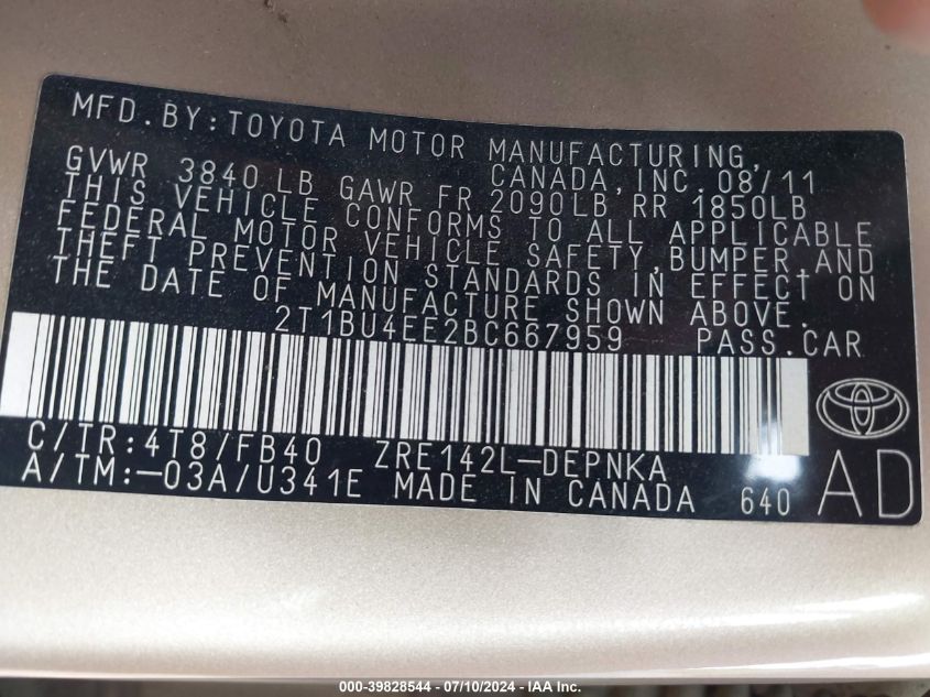 2011 Toyota Corolla Le VIN: 2T1BU4EE2BC667959 Lot: 39828544