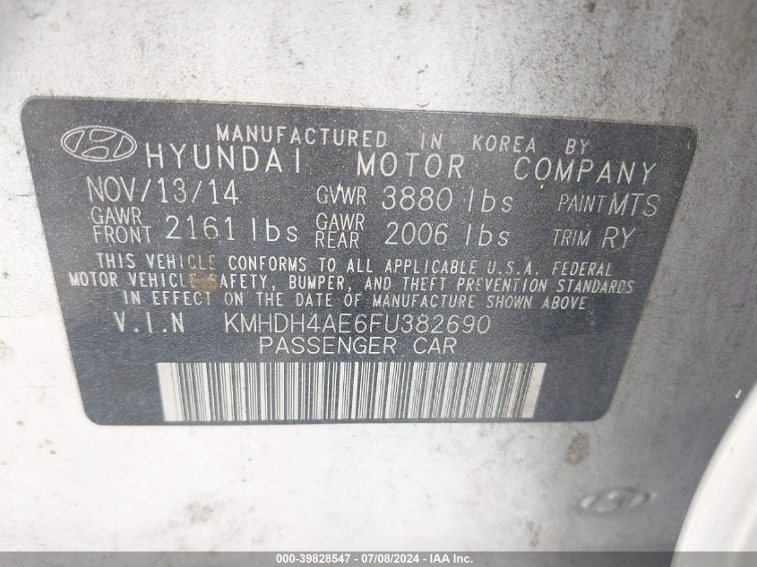 KMHDH4AE6FU382690 | 2015 HYUNDAI ELANTRA