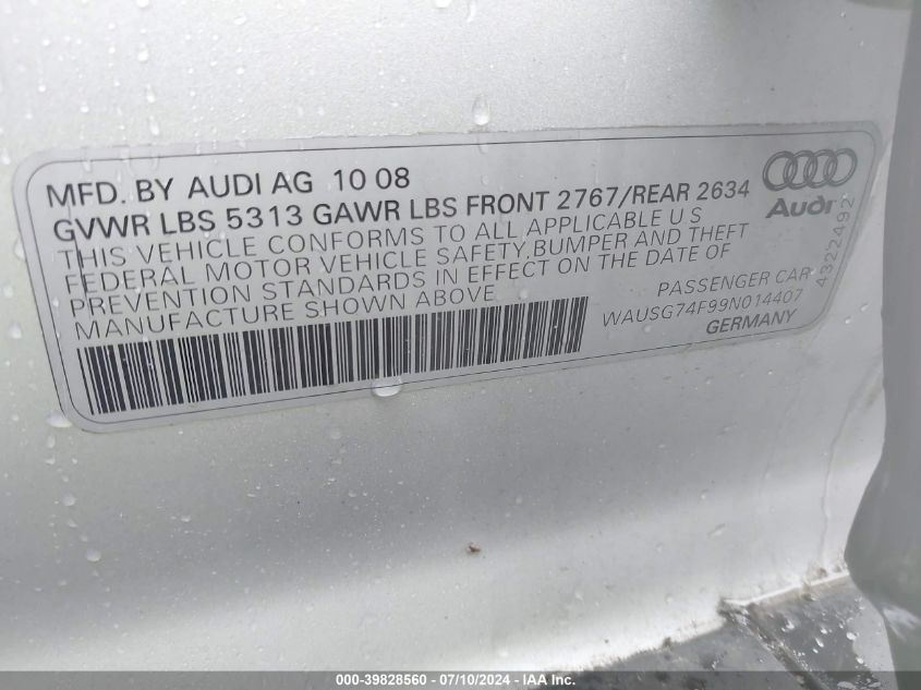 2009 Audi A6 Premium Plus VIN: WAUSG74F99N014407 Lot: 39828560