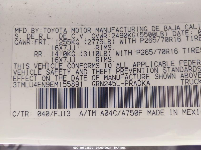 2014 Toyota Tacoma Double Cab VIN: 3TMLU4EN9EM155891 Lot: 39828570