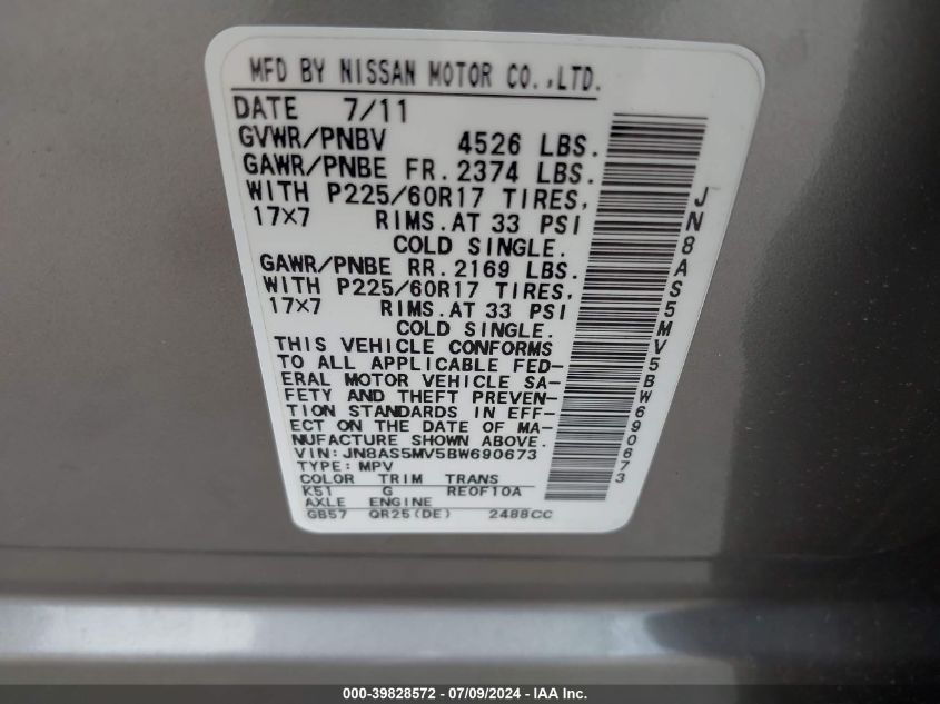 2011 Nissan Rogue Sv VIN: JN8AS5MV5BW690673 Lot: 39828572