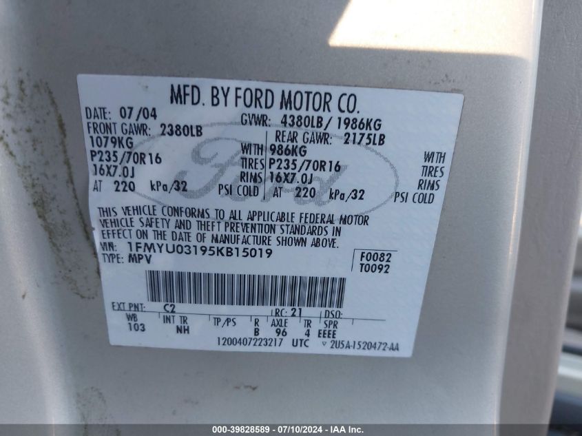 2005 Ford Escape Xlt VIN: 1FMYU03195KB15019 Lot: 39828589