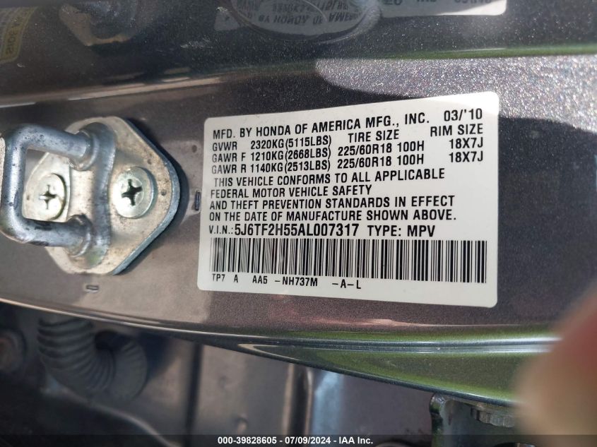 2010 Honda Accord Crosstour Ex-L VIN: 5J6TF2H55AL007317 Lot: 39828605