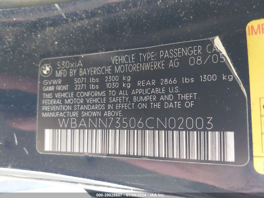 2006 BMW 530Xit VIN: WBANN73506CN02003 Lot: 39828607