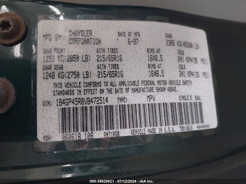 1997 Dodge Caravan Se VIN: 1B4GP45R8VB472514 Lot: 39828621