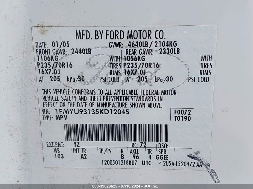 2005 Ford Escape Xlt VIN: 1FMYU93135KD12045 Lot: 39828625