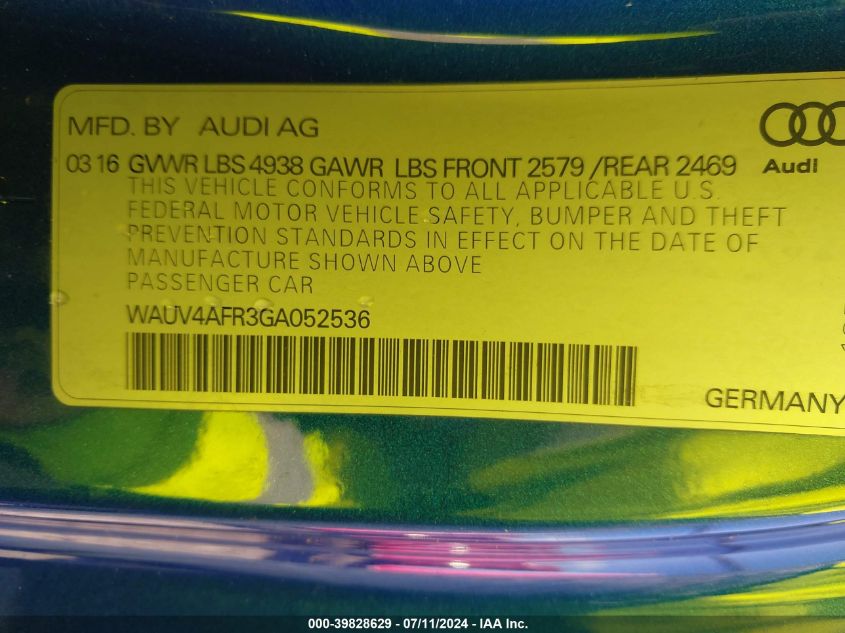 2016 Audi S5 3.0T Premium Plus VIN: WAUV4AFR3GA052536 Lot: 39828629