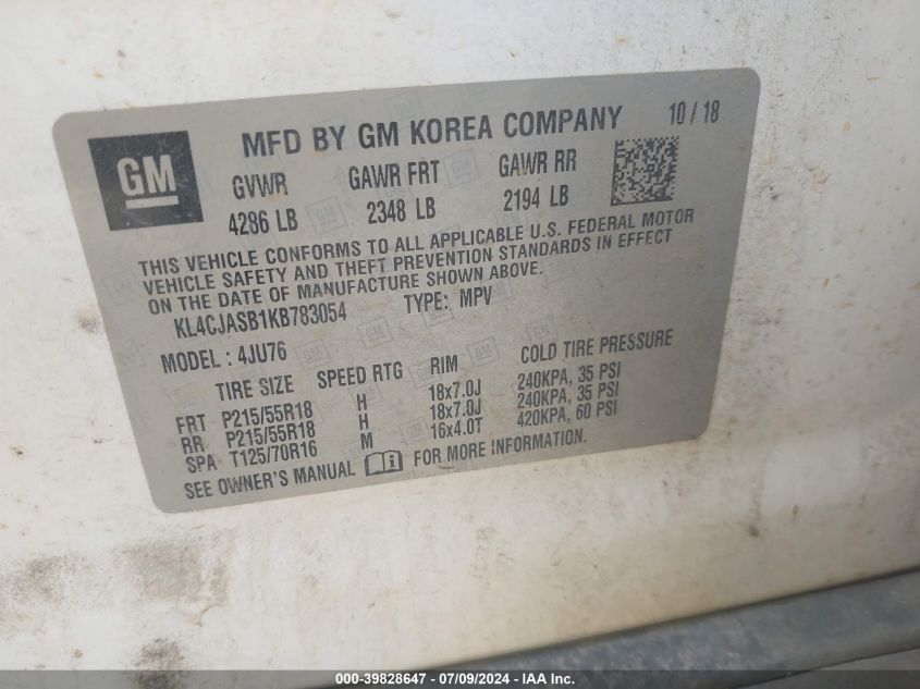 2019 Buick Encore Preferred VIN: KL4CJASB1KB783054 Lot: 39828647