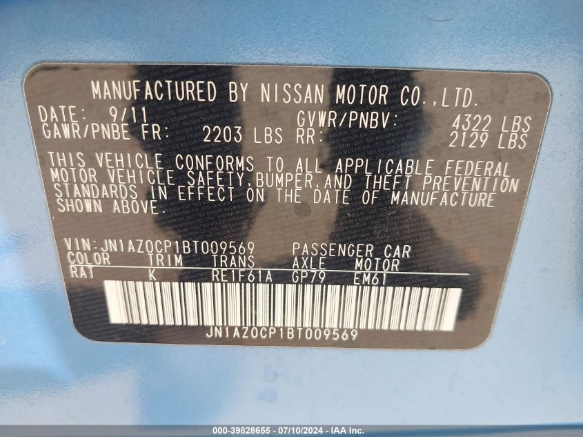 2011 Nissan Leaf Sl VIN: JN1AZ0CP1BT009569 Lot: 39828655