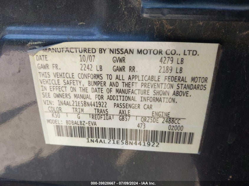 2008 Nissan Altima 2.5 S VIN: 1N4AL21E58N441922 Lot: 39828667