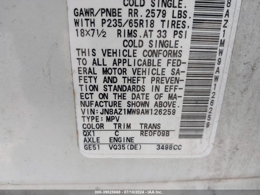 2010 Nissan Murano S/Sl/Le VIN: JN8AZ1MW9AW126259 Lot: 39828668