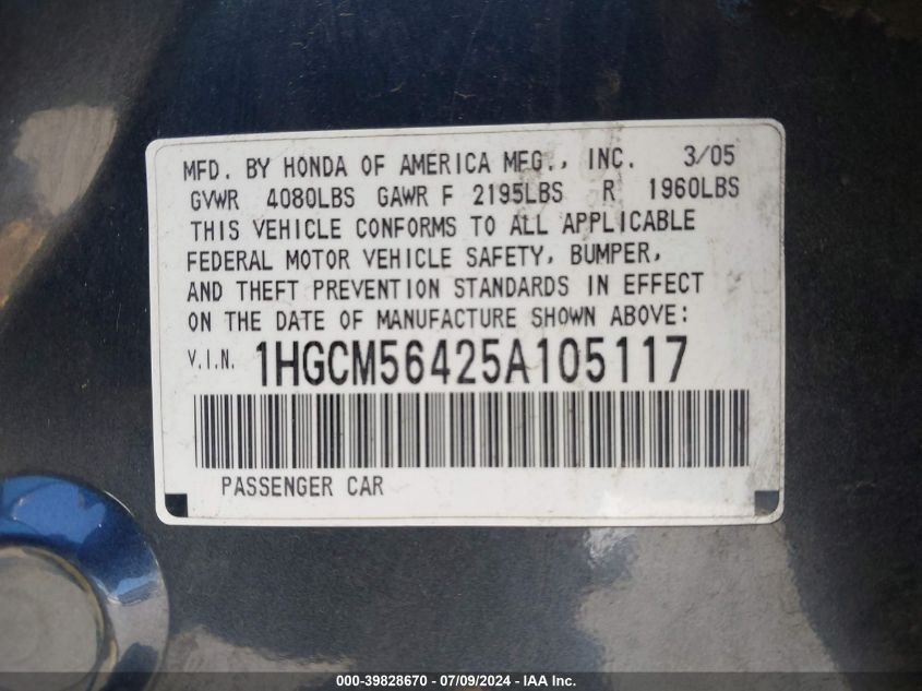 2005 Honda Accord 2.4 Lx VIN: 1HGCM56425A105117 Lot: 39828670