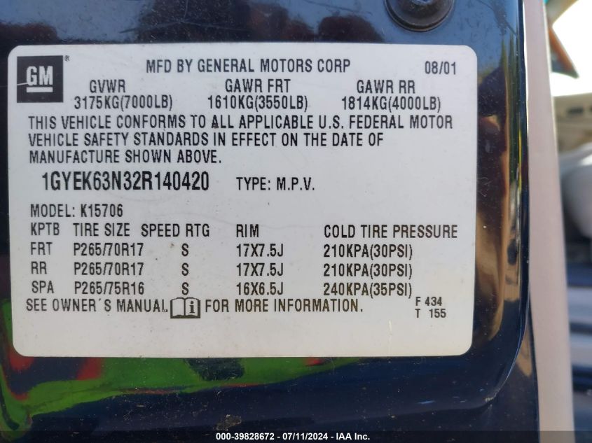 2002 Cadillac Escalade Standard VIN: 1GYEK63N32R140420 Lot: 39828672