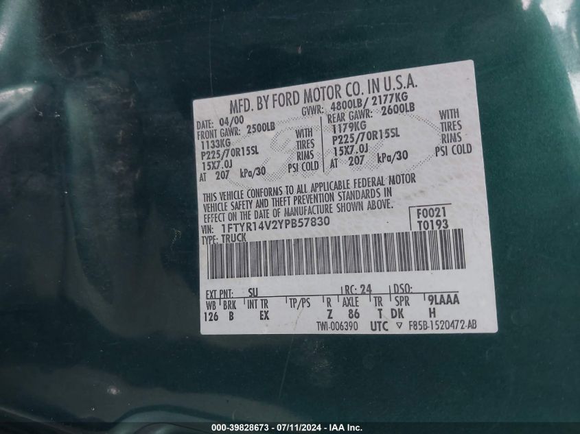 2000 Ford Ranger Xl/Xlt VIN: 1FTYR14V2YPB57830 Lot: 39828673