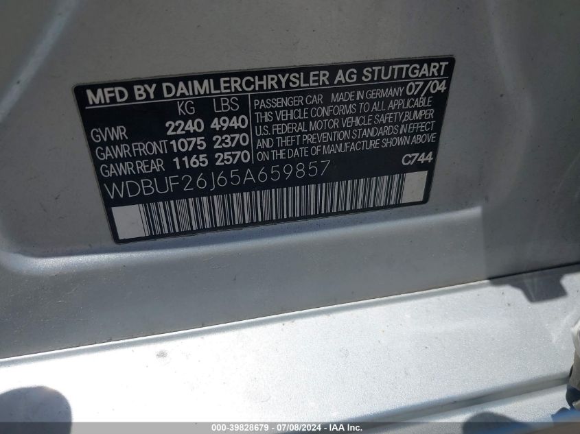 2005 Mercedes-Benz E 320 Cdi VIN: WDBUF26J65A659857 Lot: 39828679