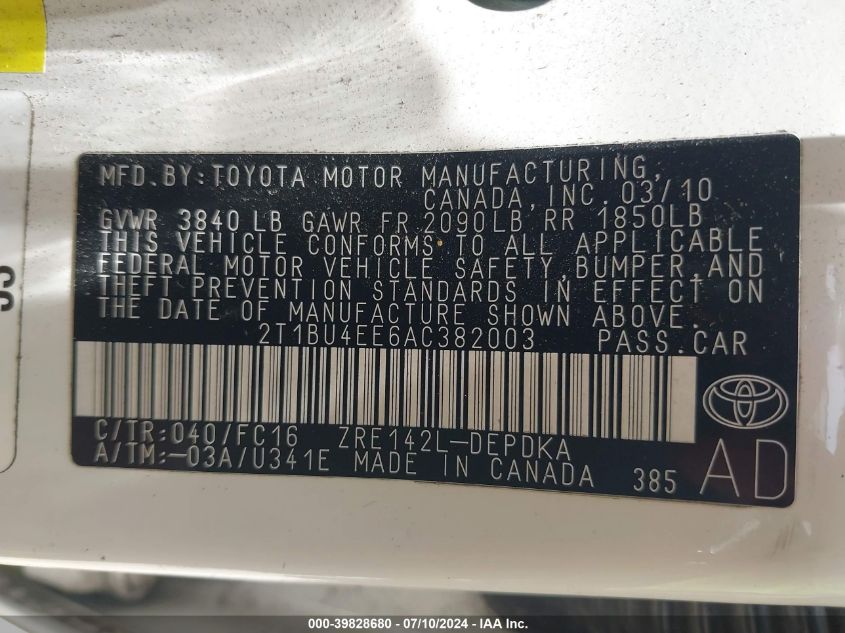 2010 Toyota Corolla Le VIN: 2T1BU4EE6AC382003 Lot: 39828680