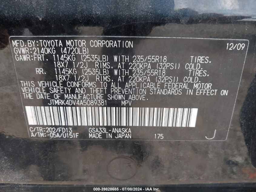 2010 Toyota Rav4 Sport V6 VIN: JTMRK4DV4A5089381 Lot: 39828685