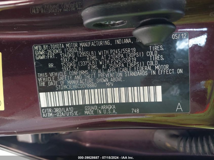 2012 Toyota Highlander Limited V6 VIN: 5TDYK3EH6CS078880 Lot: 39828687