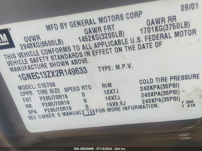 2002 Chevrolet Tahoe Ls VIN: 1GNEC13ZX2R149633 Lot: 39828699