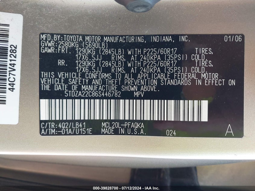 2006 Toyota Sienna Xle Limited VIN: 5TDZA22C86S446782 Lot: 39828700