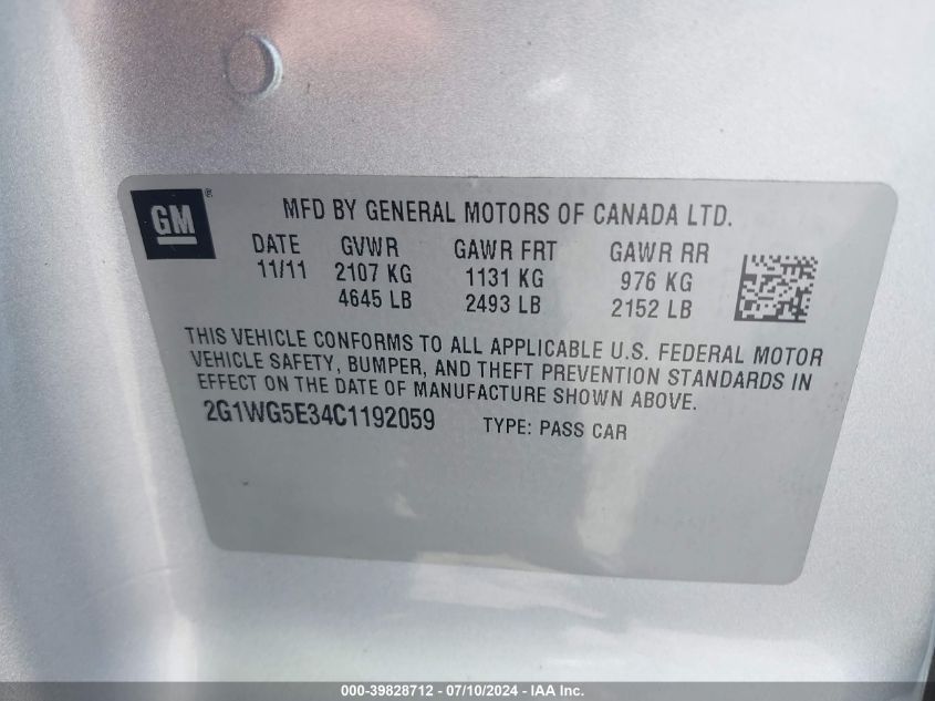 2012 Chevrolet Impala Lt VIN: 2G1WG5E34C1192059 Lot: 39828712