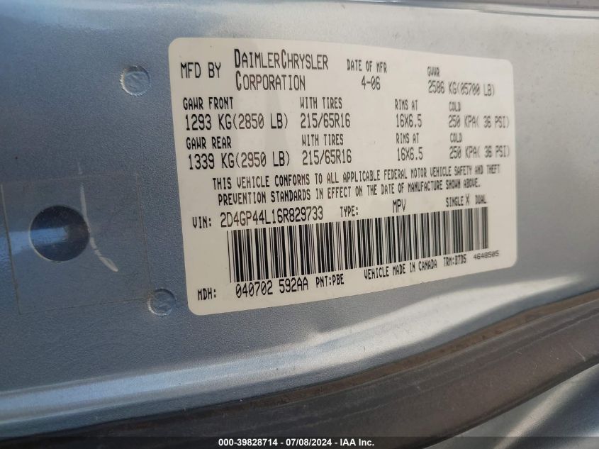 2006 Dodge Grand Caravan Sxt VIN: 2D4GP44L16R829733 Lot: 39828714