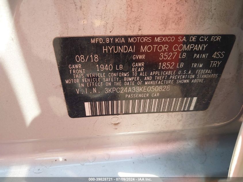 2019 Hyundai Accent Se/Sel VIN: 3KPC24A33KE05082 Lot: 39828721