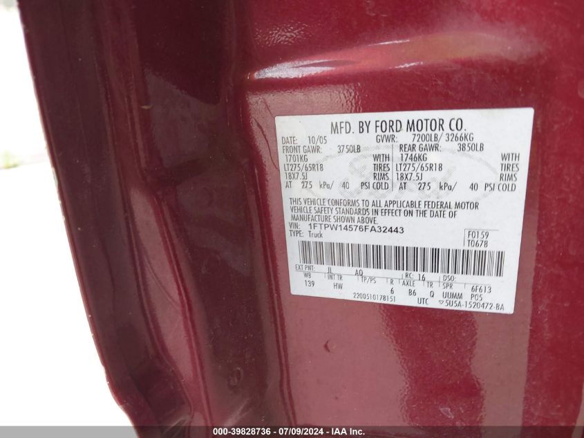 2006 Ford F-150 Fx4/Lariat/Xlt VIN: 1FTPW14576FA32443 Lot: 39828736