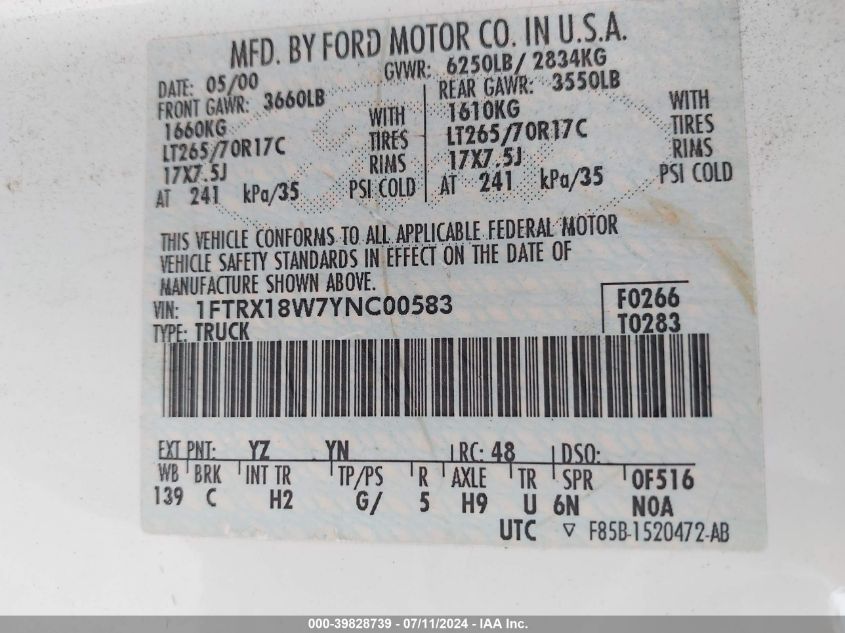 2000 Ford F-150 Lariat/Work Series/Xl/Xlt VIN: 1FTRX18W7YNC00583 Lot: 39828739