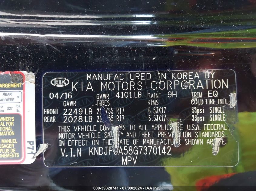 2016 Kia Soul + VIN: KNDJP3A58G7370142 Lot: 39828741