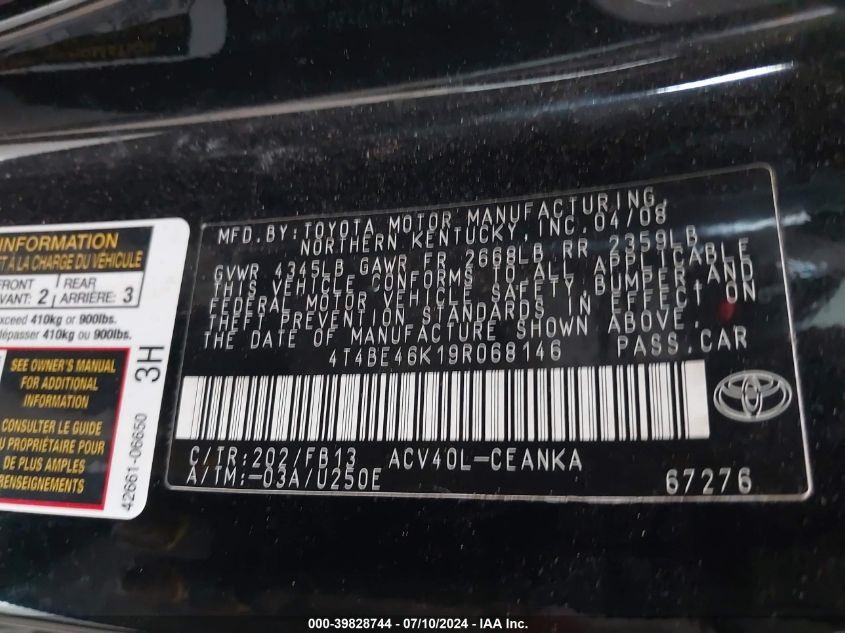 4T4BE46K19R068146 2009 Toyota Camry Le