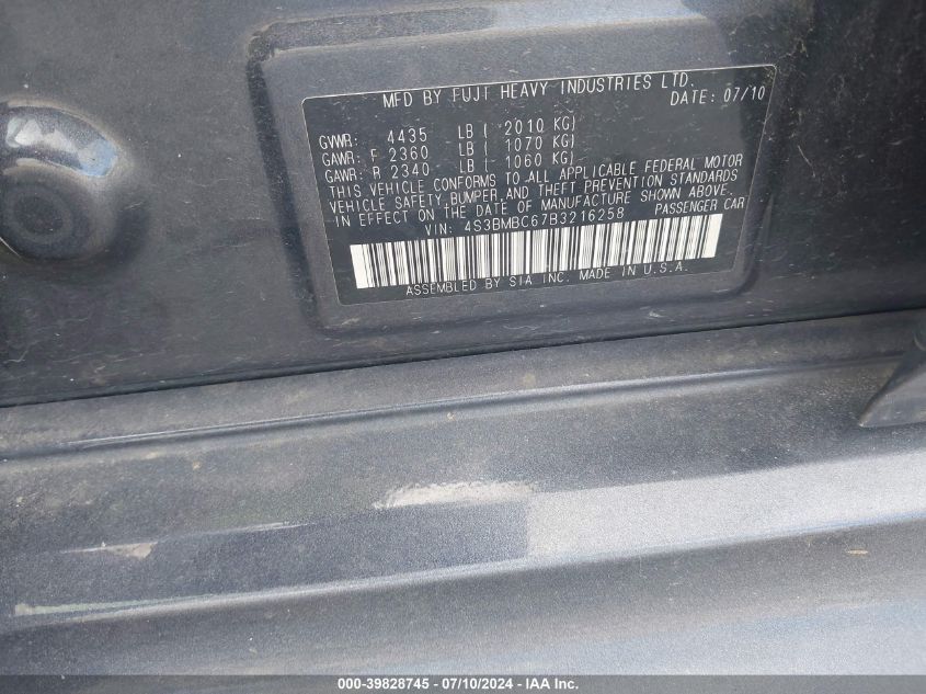 2011 Subaru Legacy 2.5I Premium VIN: 4S3BMBC67B3216258 Lot: 39828745