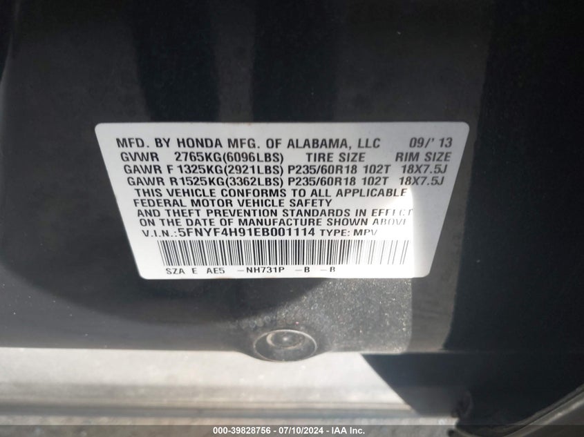 2014 HONDA PILOT TOURING - 5FNYF4H91EB001114