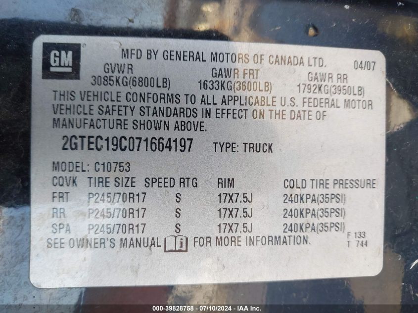 2007 GMC Sierra 1500 Sle1 VIN: 2GTEC19C071664197 Lot: 39828758