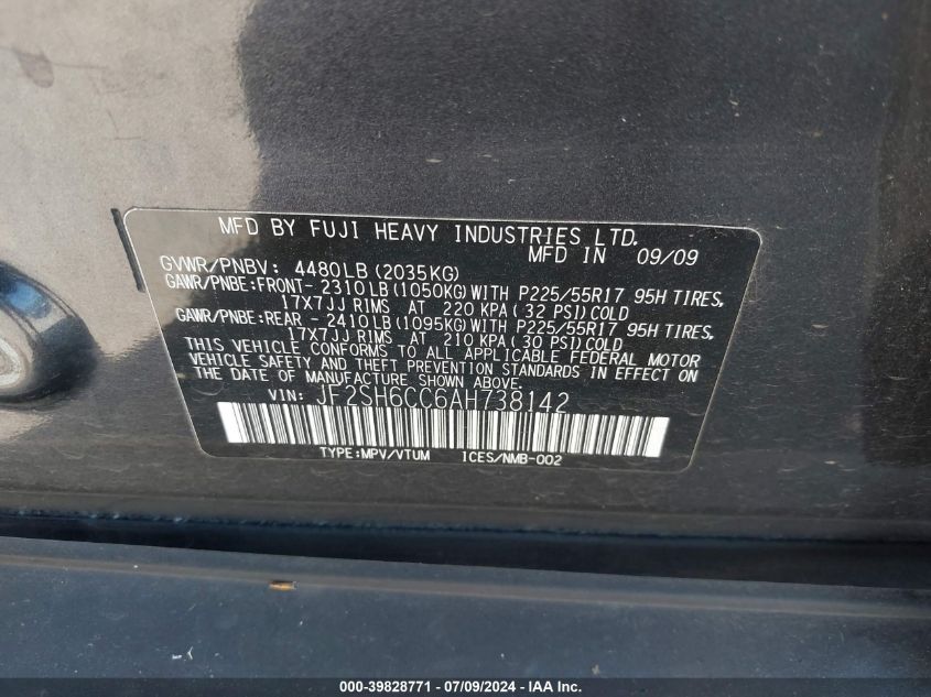 2010 Subaru Forester 2.5X Premium VIN: JF2SH6CC6AH738142 Lot: 39828771