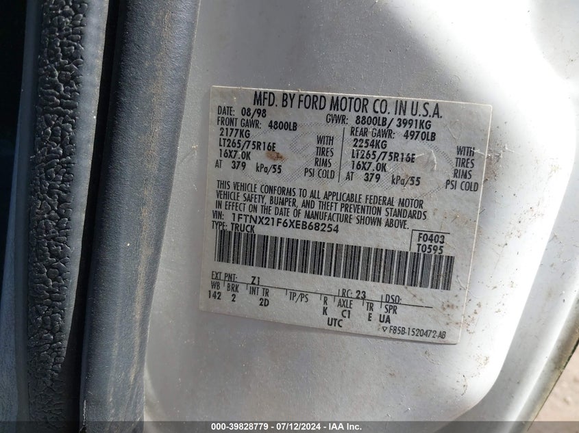 1999 Ford F250 Super Duty VIN: 1FTNX21F6XEB68254 Lot: 39828779