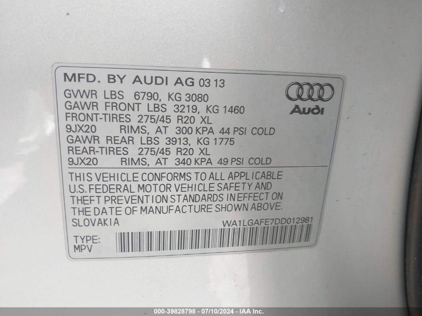 2013 Audi Q7 Premium Plus VIN: WA1LGAFE7DD012981 Lot: 39828798