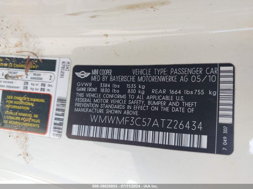2010 Mini Cooper VIN: WMWMF3C57ATZ26434 Lot: 39828803