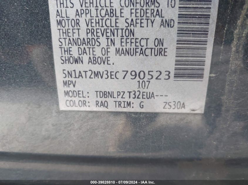 2014 Nissan Rogue S VIN: 5N1AT2MV3EC790523 Lot: 39828810