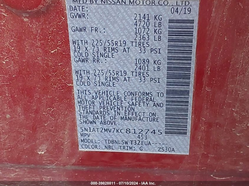 2019 Nissan Rogue Sl VIN: 5N1AT2MV7KC812745 Lot: 39828811