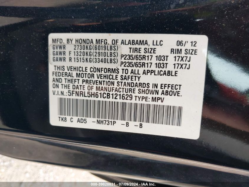 2012 Honda Odyssey Ex-L VIN: 5FNRL5H61CB121629 Lot: 39828831