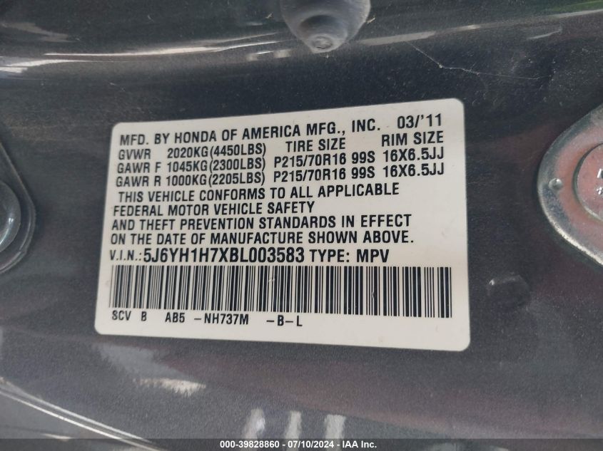 2011 Honda Element Ex VIN: 5J6YH1H7XBL003583 Lot: 39828860
