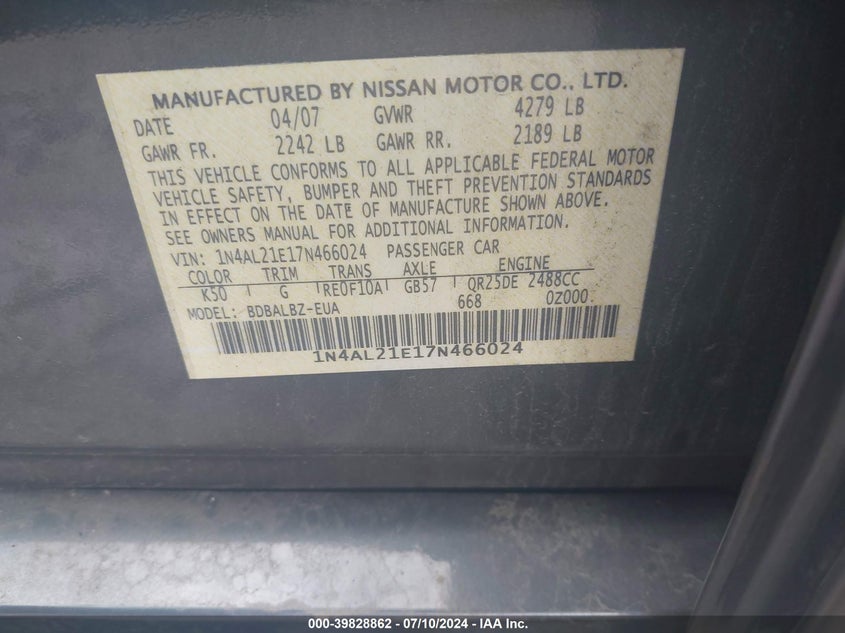 2007 Nissan Altima 2.5/2.5S VIN: 1N4AL21E17N466024 Lot: 39828862